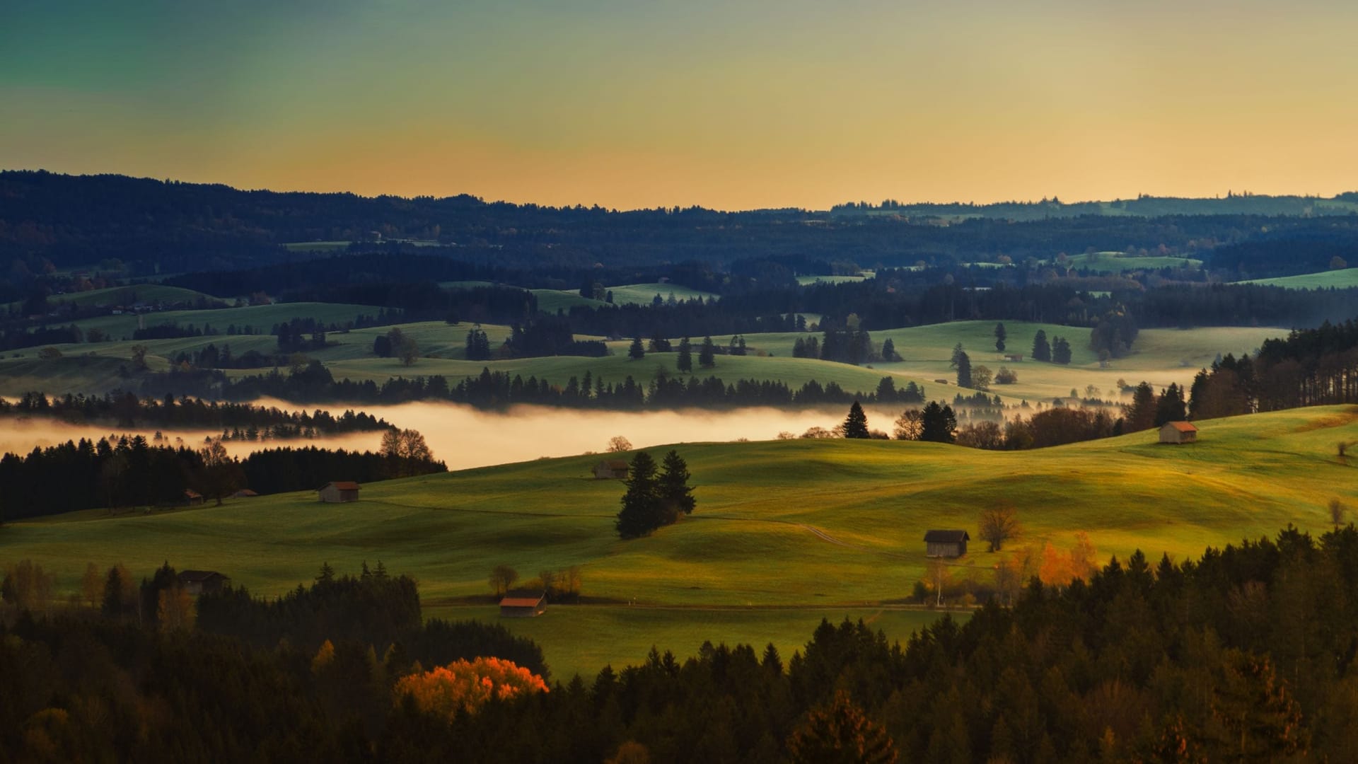 Weite Seeland-Landschaft mit Feldern und See im Hintergrund